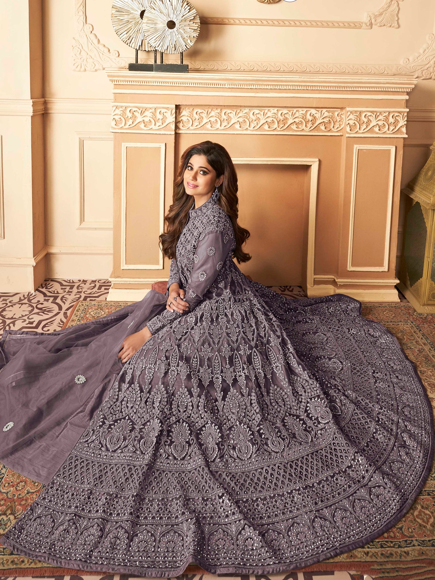 Dusty Purple Heavy Embroidered Front-Slit Indo-Western Gown - 11611 D