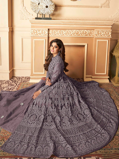Dusty Purple Heavy Embroidered Front-Slit Indo-Western Gown - 11611 D