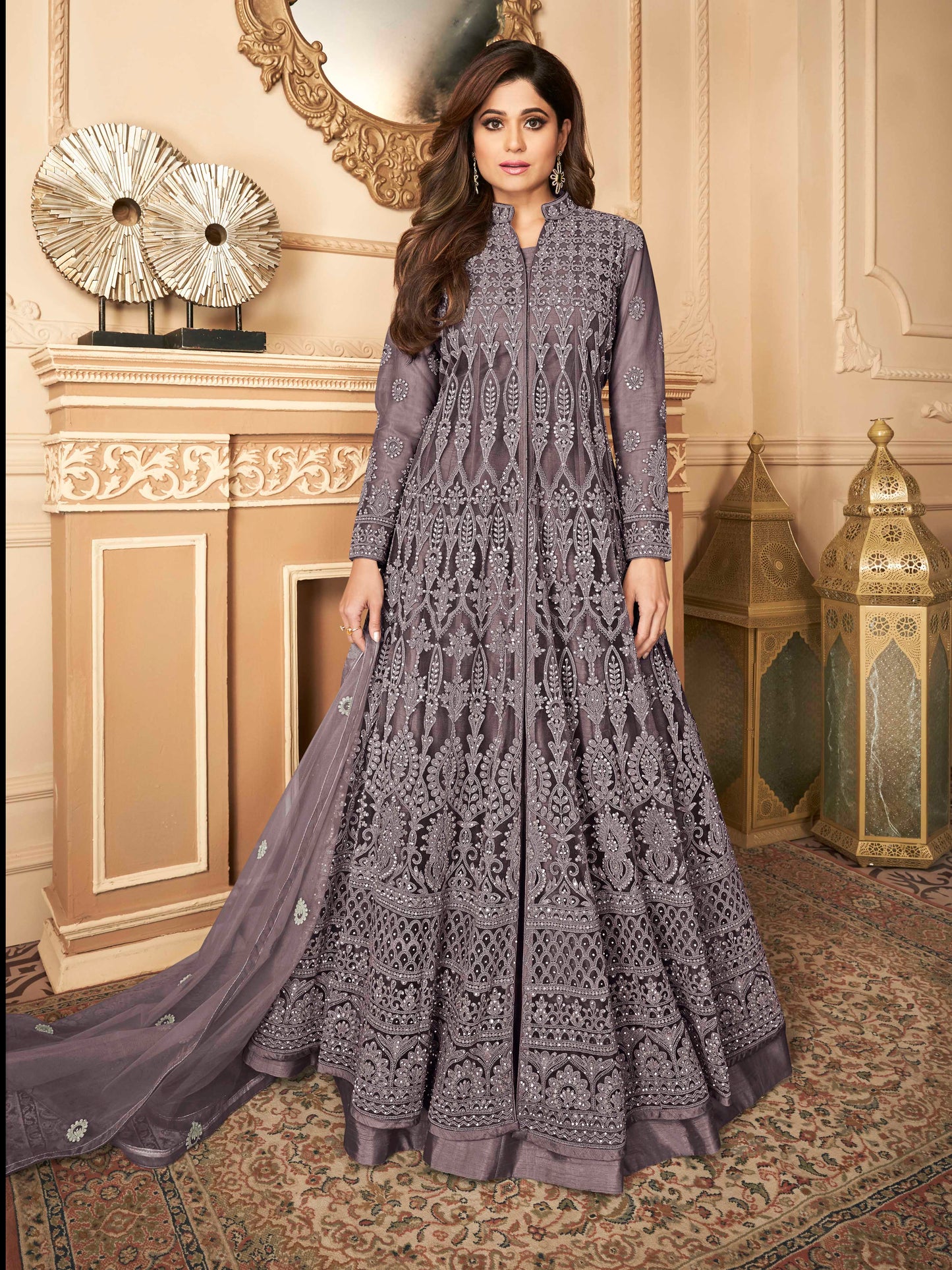 Dusty Purple Heavy Embroidered Front-Slit Indo-Western Gown - 11611 D