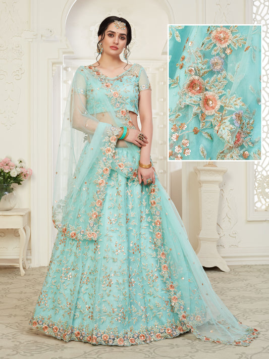 Premium Sky Blue Soft Net Party Wear Lehenga with Heavy Sequence & Stone Work