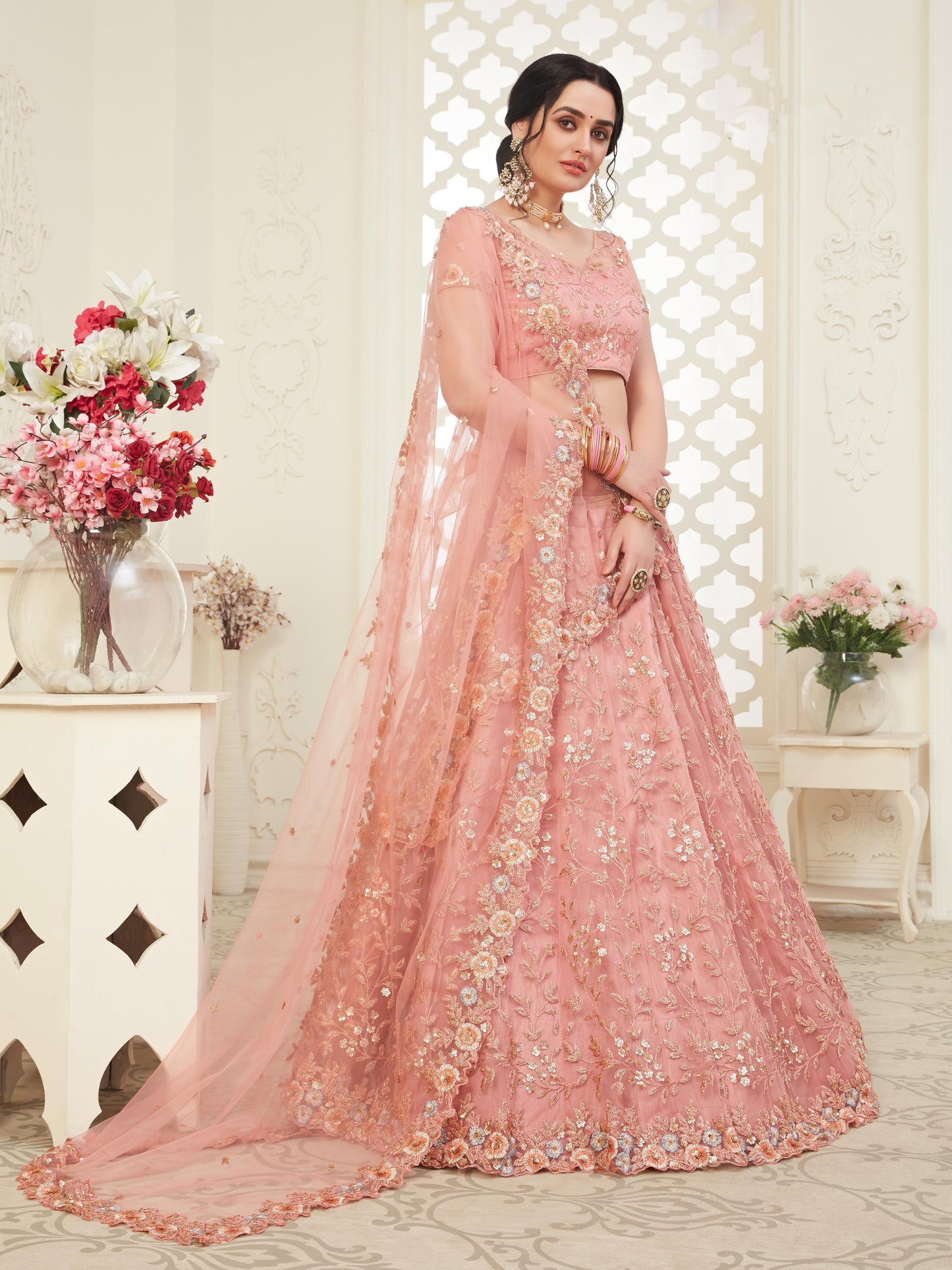 Premium Pink Soft Net Party Wear Lehenga with Heavy Sequence & Stone Work