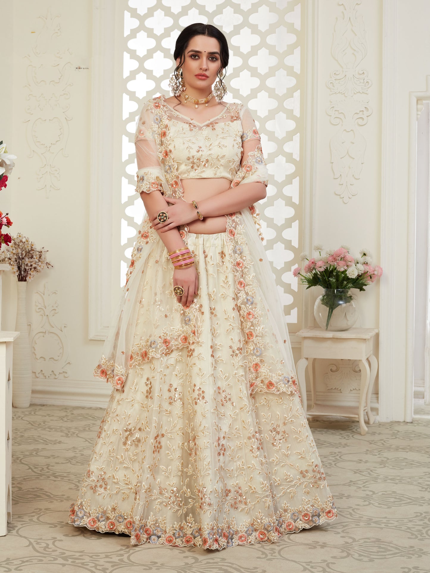 Premium Off-White Soft Net Party Wear Lehenga with Heavy Sequence & Stone Work