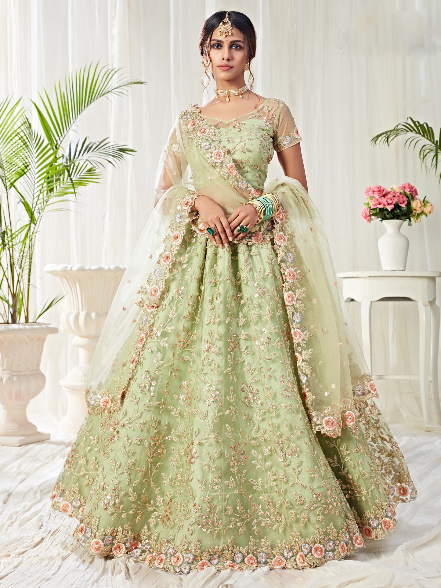 Premium Green Soft Net Party Wear Lehenga with Heavy Sequence & Stone Work