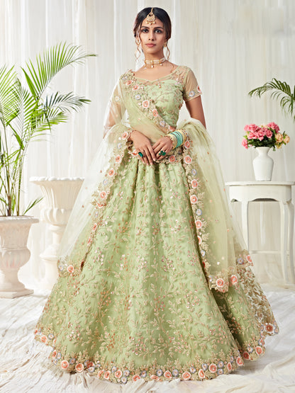 Premium Green Soft Net Party Wear Lehenga with Heavy Sequence & Stone Work
