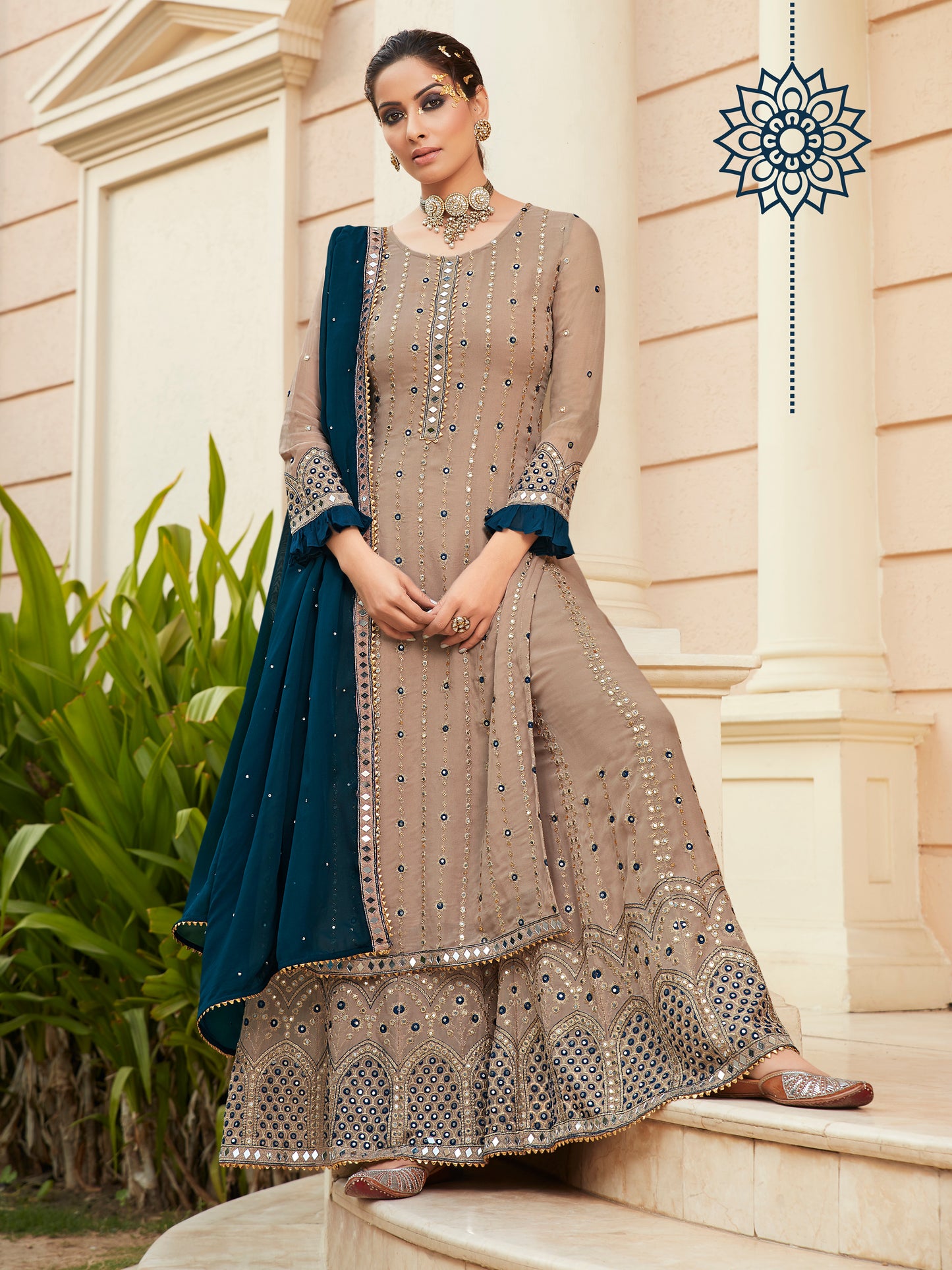 Exquisite Coffee Brown Heavy Embroidered Peplum Sharara Suit | Luxury Festive Wear | Kavlee