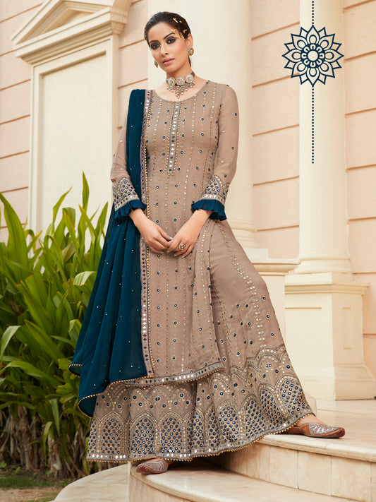 Exquisite Coffee Brown Heavy Embroidered Peplum Sharara Suit | Luxury Festive Wear | Kavlee