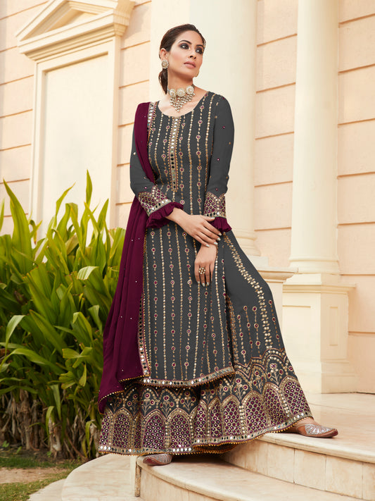 Exquisite Grey Heavy Embroidered Peplum Sharara Suit | Luxury Festive Wear | Kavlee
