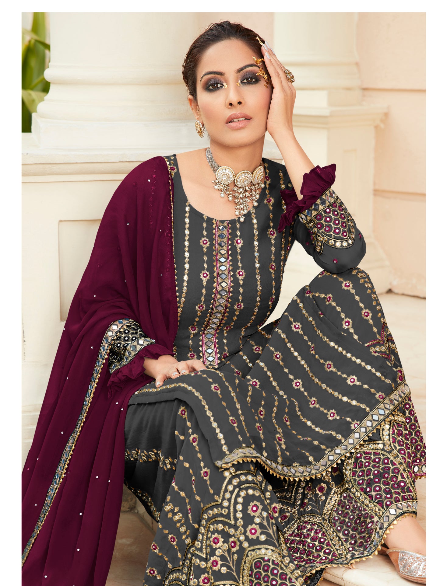 Exquisite Grey Heavy Embroidered Peplum Sharara Suit | Luxury Festive Wear | Kavlee