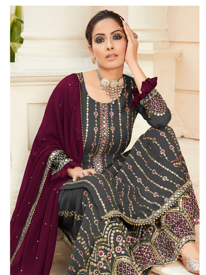 Exquisite Grey Heavy Embroidered Peplum Sharara Suit | Luxury Festive Wear | Kavlee