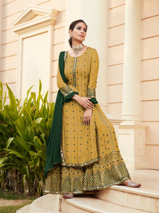 Exquisite Mehndi Green Heavy Embroidered Peplum Sharara Suit | Luxury Festive Wear | Kavlee