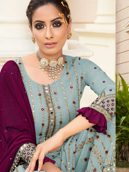 Exquisite Deep Wine Heavy Embroidered Peplum Sharara Suit | Luxury Festive Wear | Kavlee
