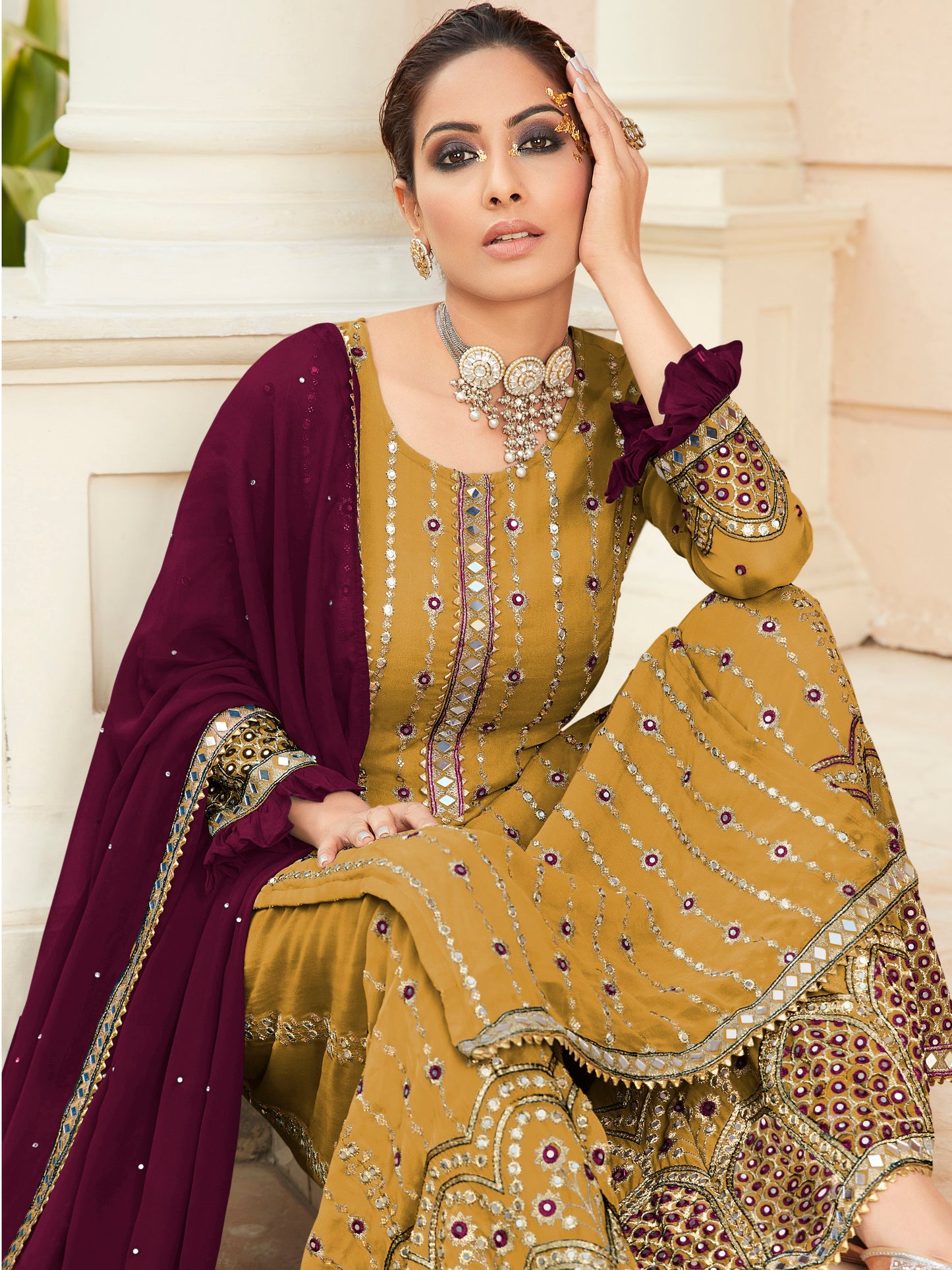 Exquisite Yellow Heavy Embroidered Peplum Sharara Suit | Luxury Festive Wear | Kavlee