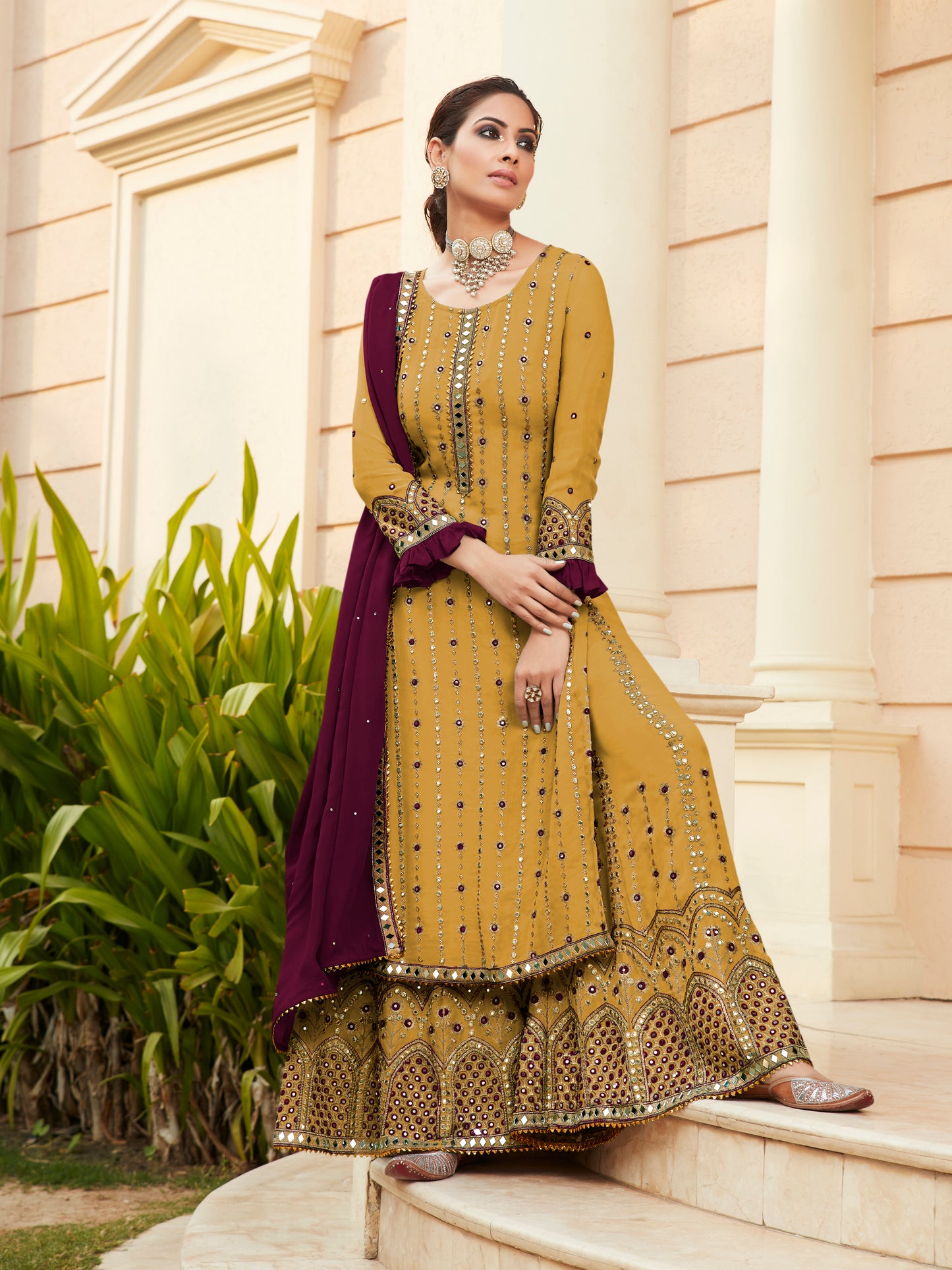 Exquisite Yellow Heavy Embroidered Peplum Sharara Suit | Luxury Festive Wear | Kavlee