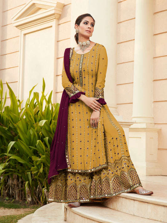 Exquisite Yellow Heavy Embroidered Peplum Sharara Suit | Luxury Festive Wear | Kavlee