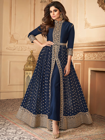 Premium Navy Blue Georgette Embroidered Unstitched Anarkali Suit - 10816