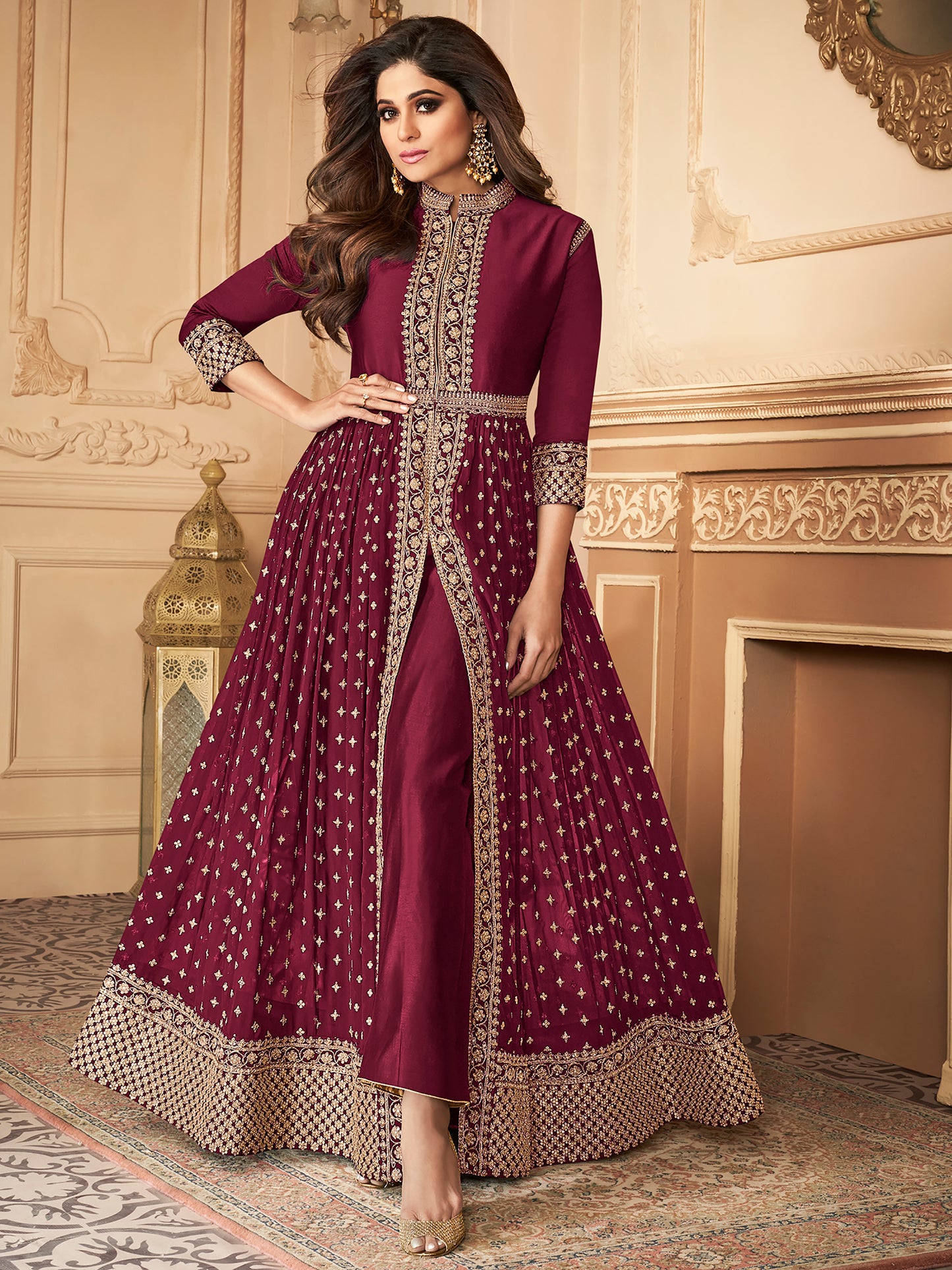 Premium Light Wine Georgette Embroidered Unstitched Anarkali Suit - 10816 A