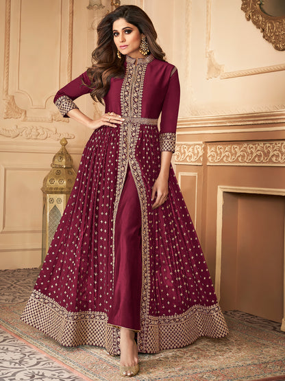 Premium Light Wine Georgette Embroidered Unstitched Anarkali Suit - 10816 A