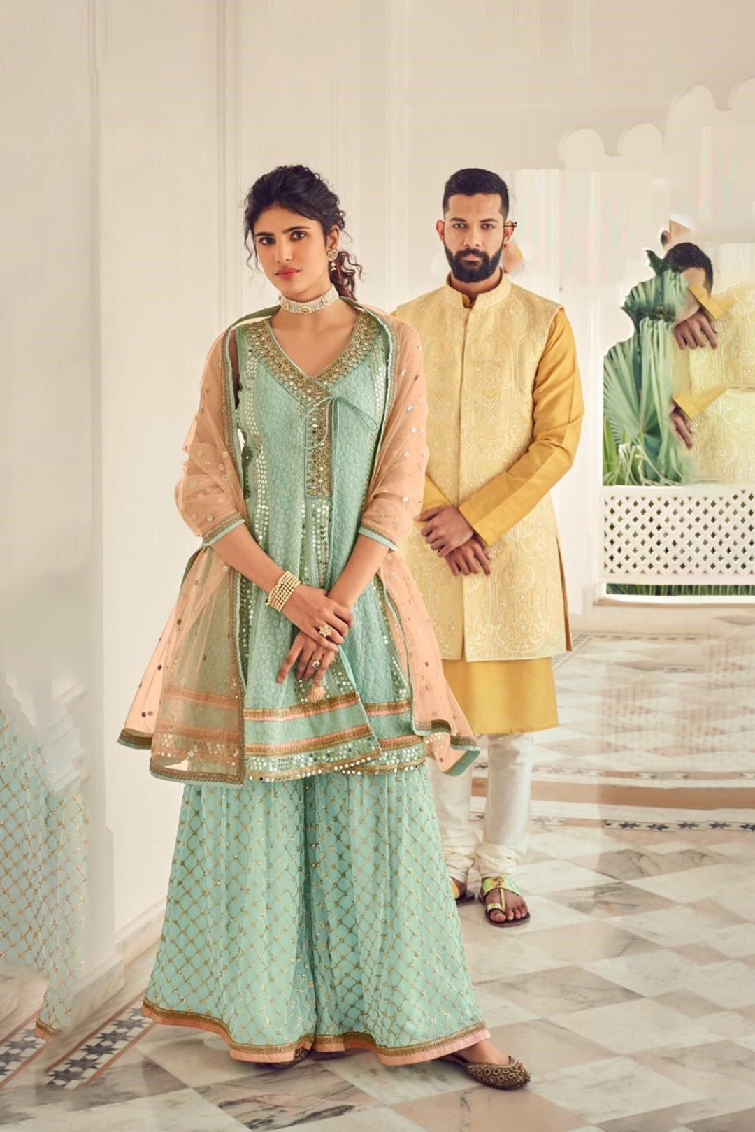 Exquisite Bright Yellow Heavy Embroidered Peplum Sharara Suit | Luxury Haldi Wear | Kavlee