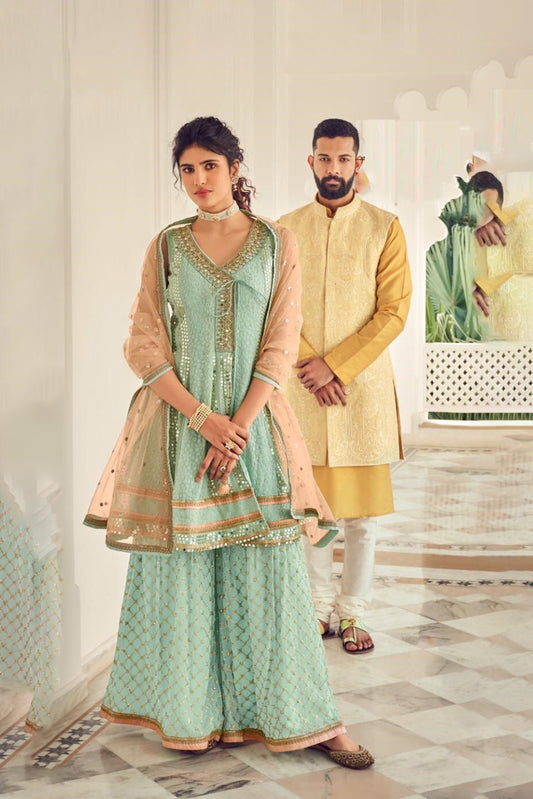 Exquisite Bright Yellow Heavy Embroidered Peplum Sharara Suit | Luxury Haldi Wear | Kavlee