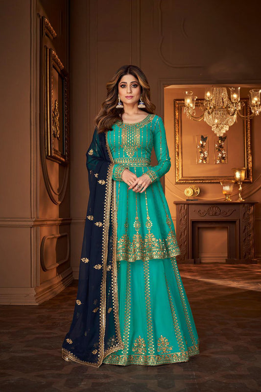 Beautiful Sky  Georgette Sharara Suit with Heavy Embroidery