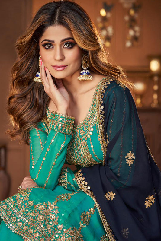 Beautiful Sky  Georgette Sharara Suit with Heavy Embroidery