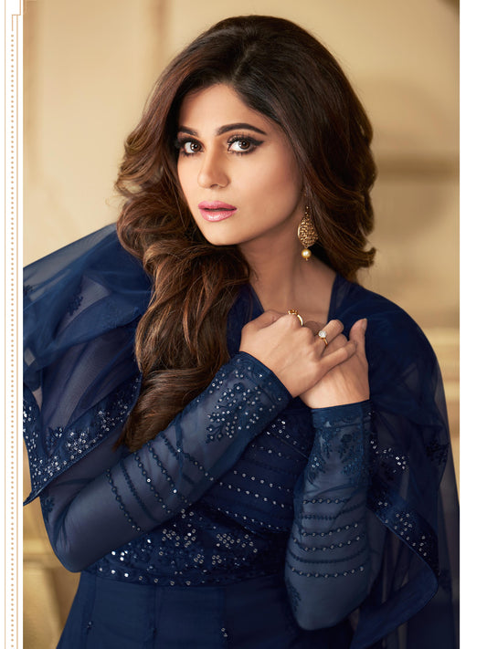Premium Blue Butterfly Net Embroidered Gown - 10827