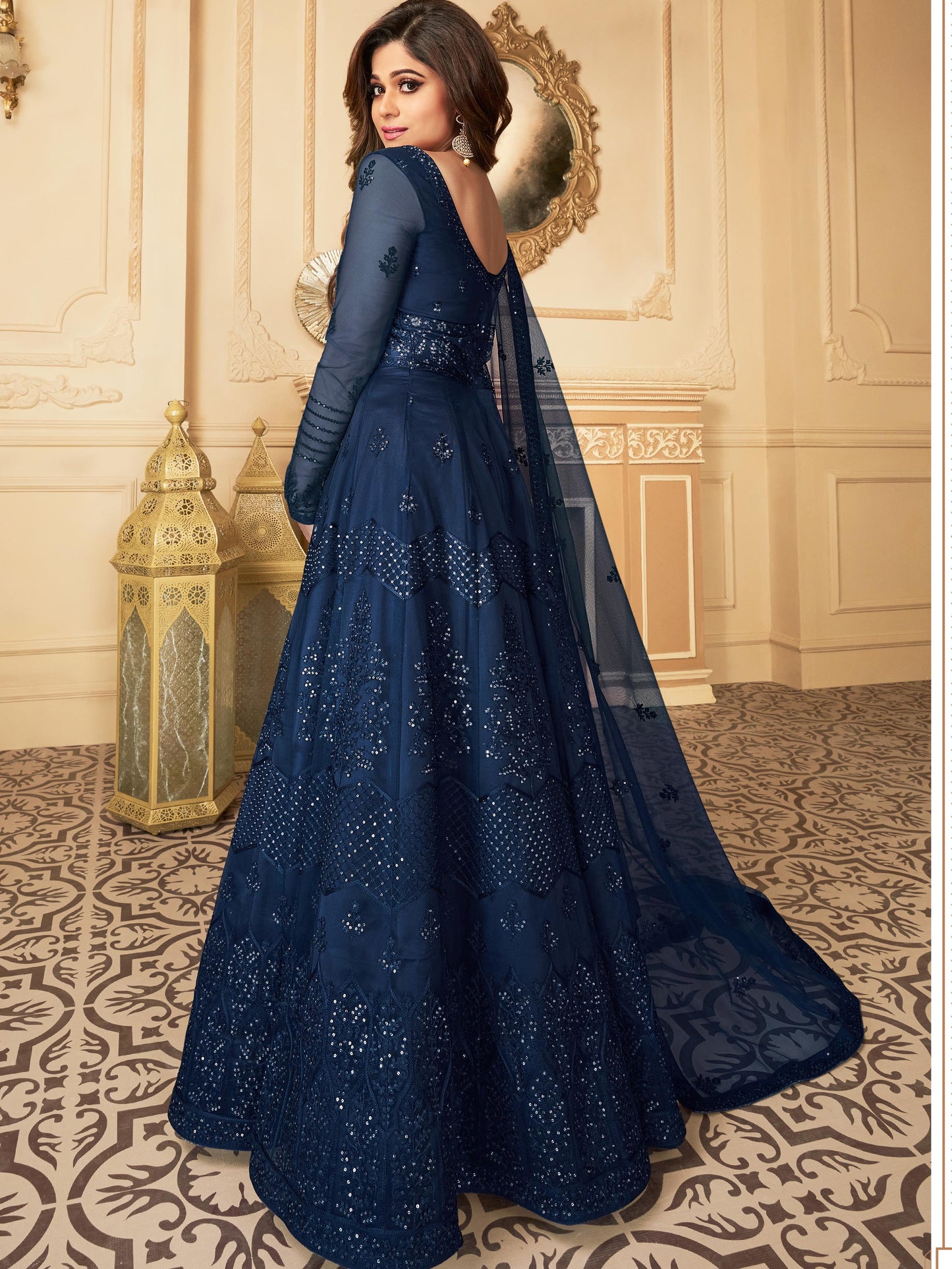 Midnight Navy Blue Heavy Sequined Evening Gown - 10827