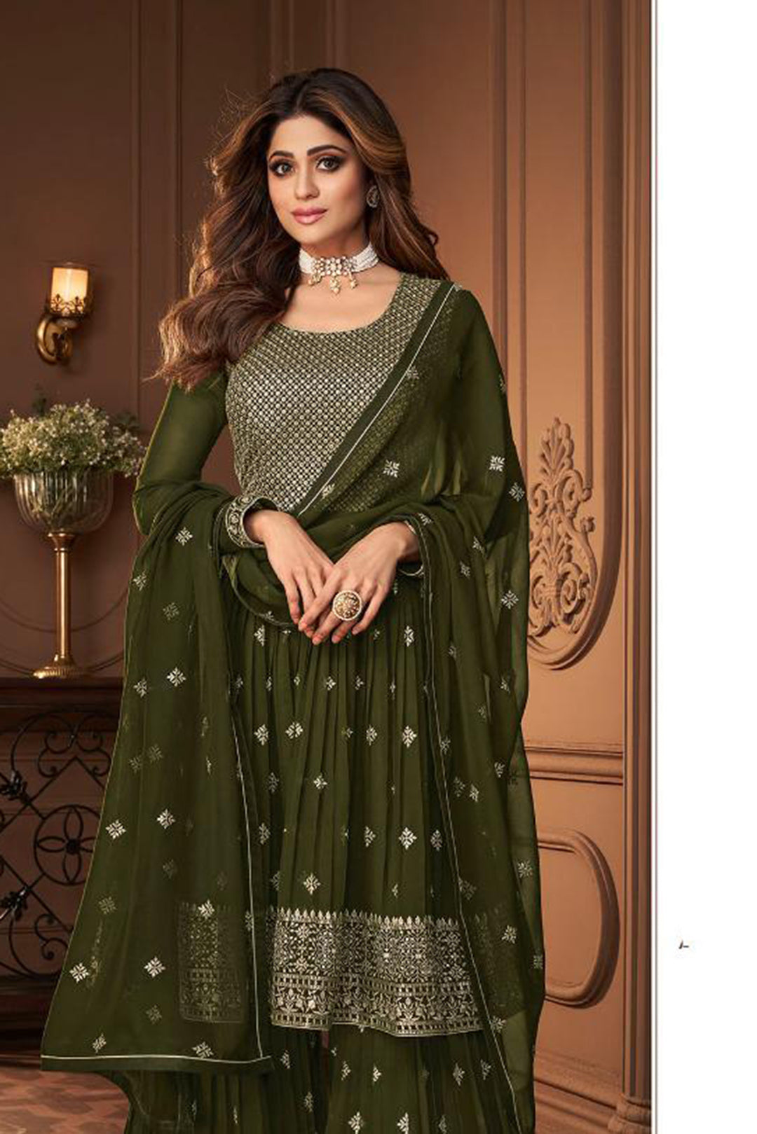 Exclusive Emerald Green Georgette Sharara Suit with Sequence & Thread Work