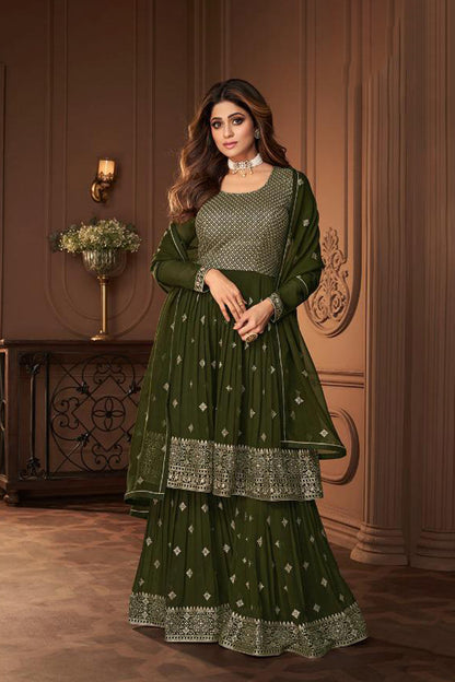 Exclusive Emerald Green Georgette Sharara Suit with Sequence & Thread Work
