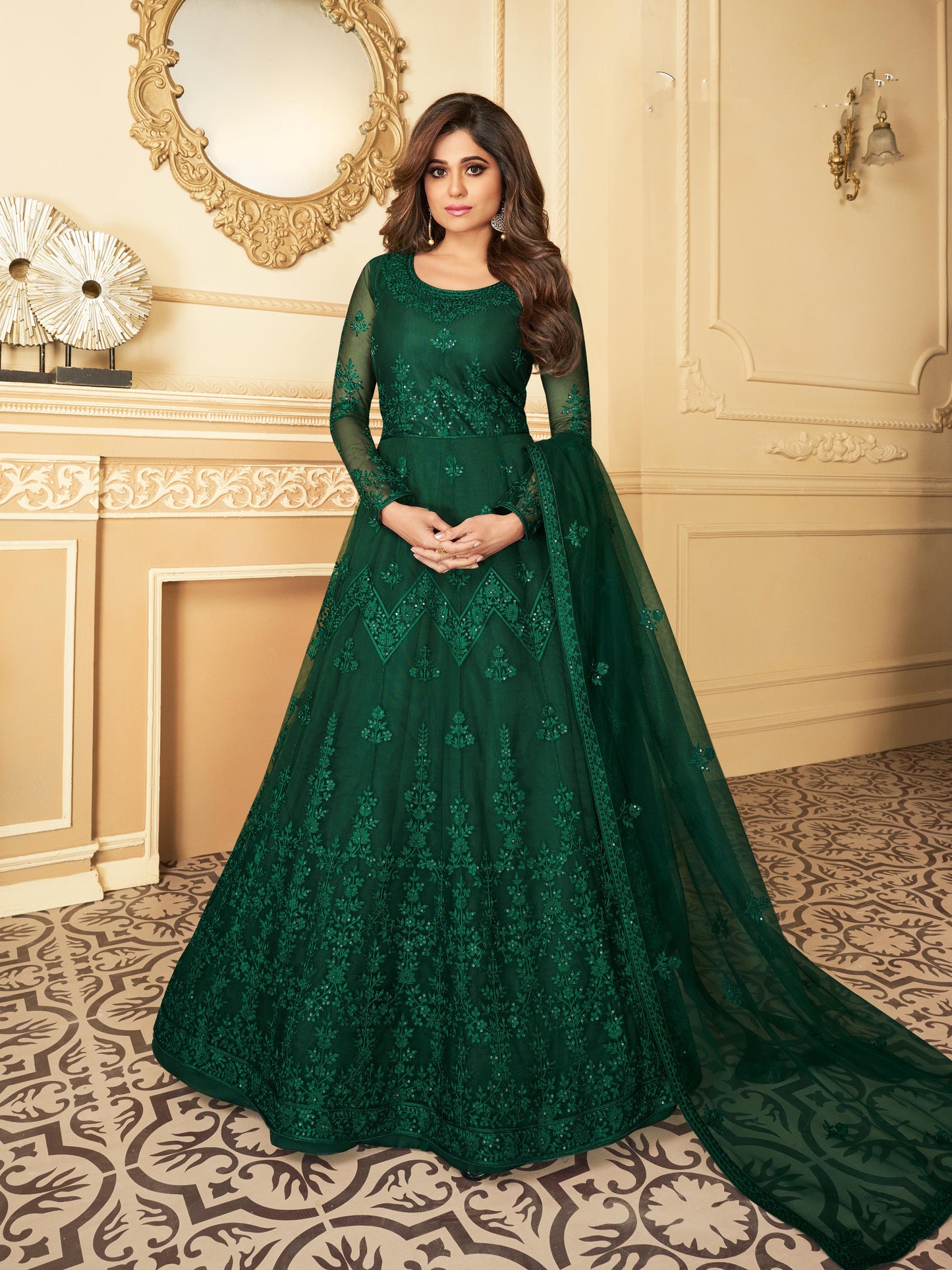Mehndi Green Heavy Sequined Evening Gown - 10827 A