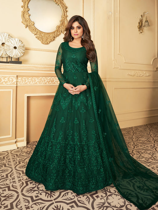 Mehndi Green Heavy Sequined Evening Gown - 10827 A