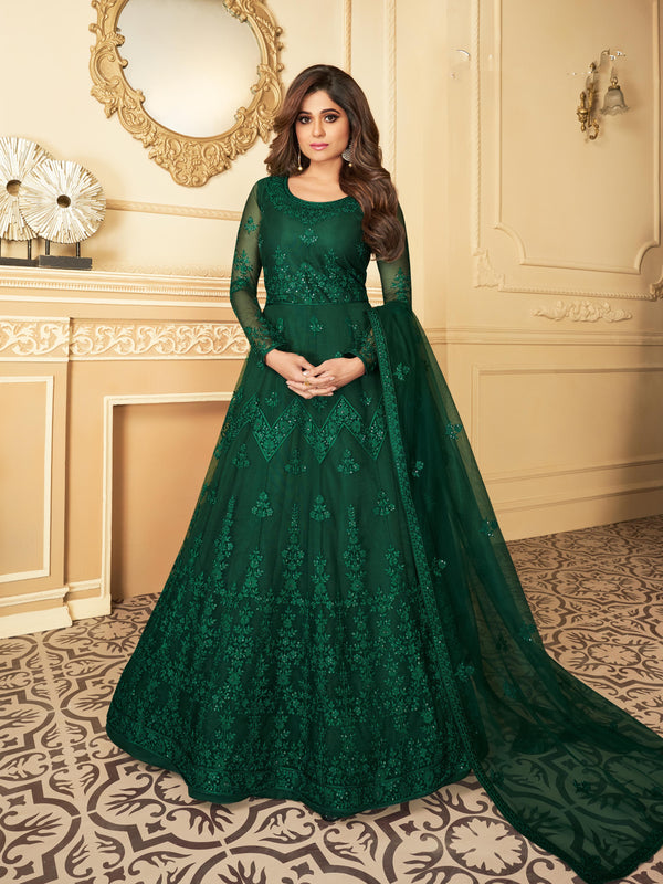 Mehndi Green Heavy Sequined Evening Gown - 10827 A