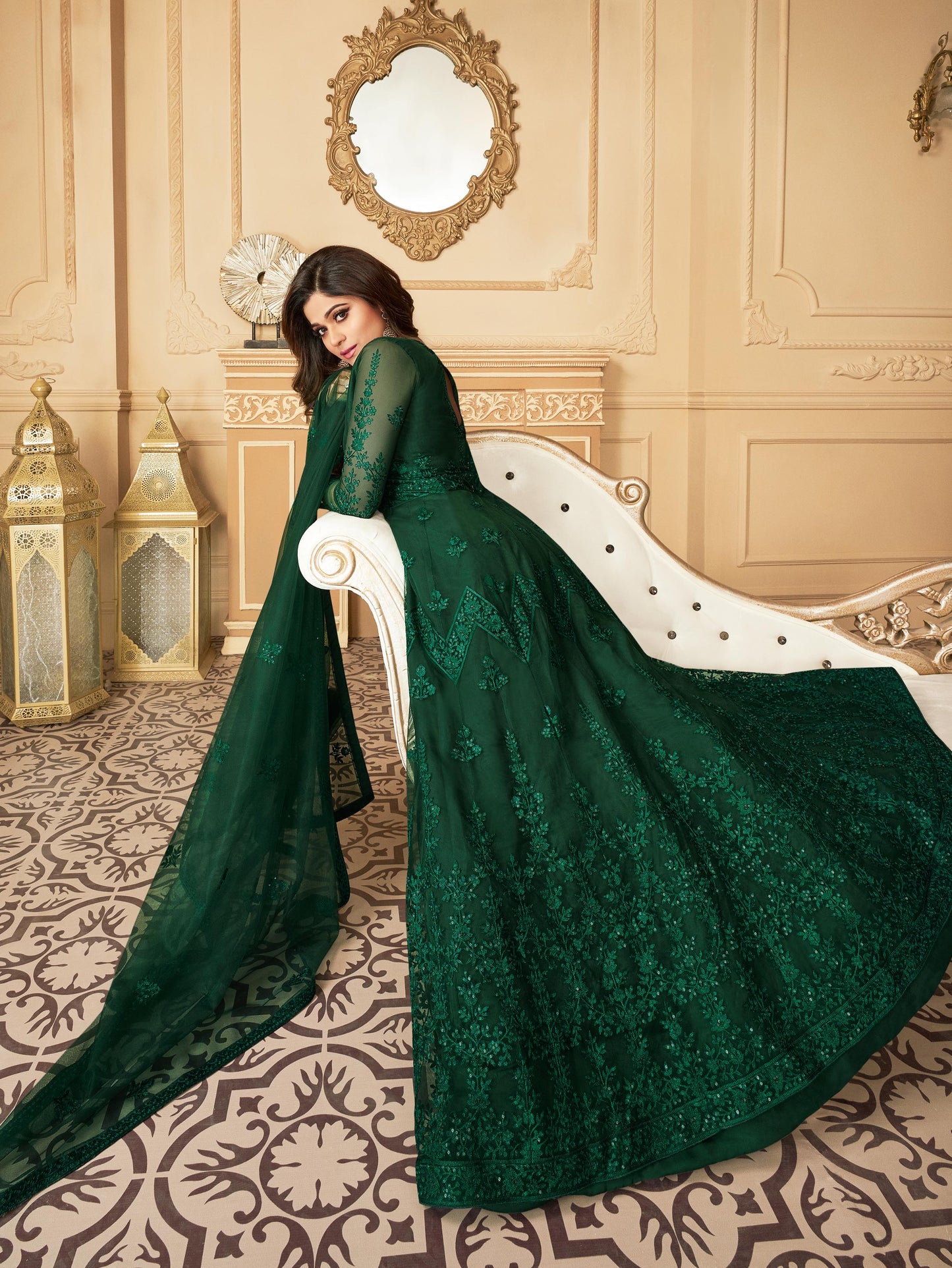 Mehndi Green Heavy Sequined Evening Gown - 10827 A