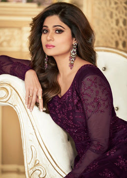 Deep Plum Heavy Sequined Evening Gown - 10827 B