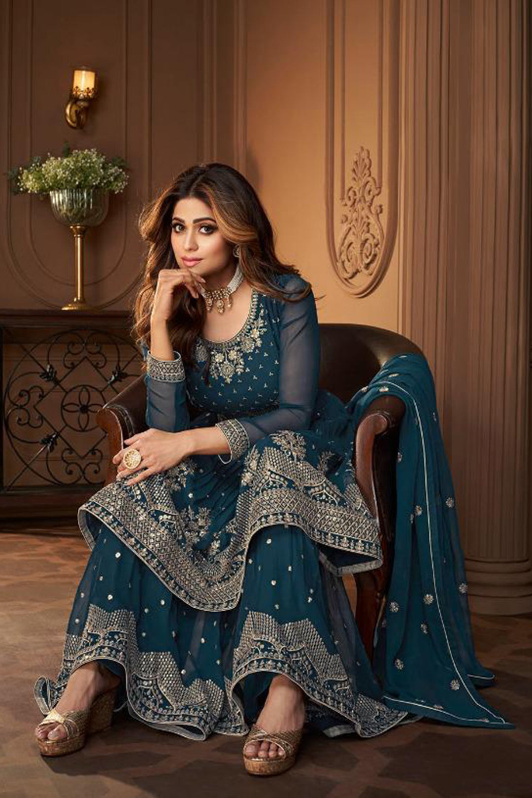 Premium Teal Blue Georgette Embroidered Unstitched Sharara Suit - 10827 B
