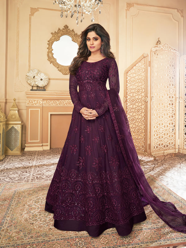 Deep Plum Heavy Sequined Evening Gown - 10827 B