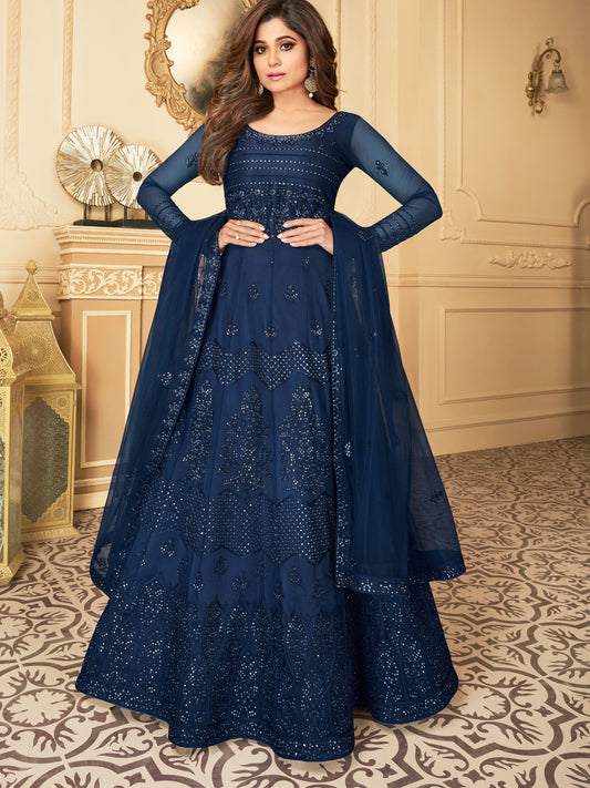 Midnight Navy Blue Heavy Sequined Evening Gown - 10827