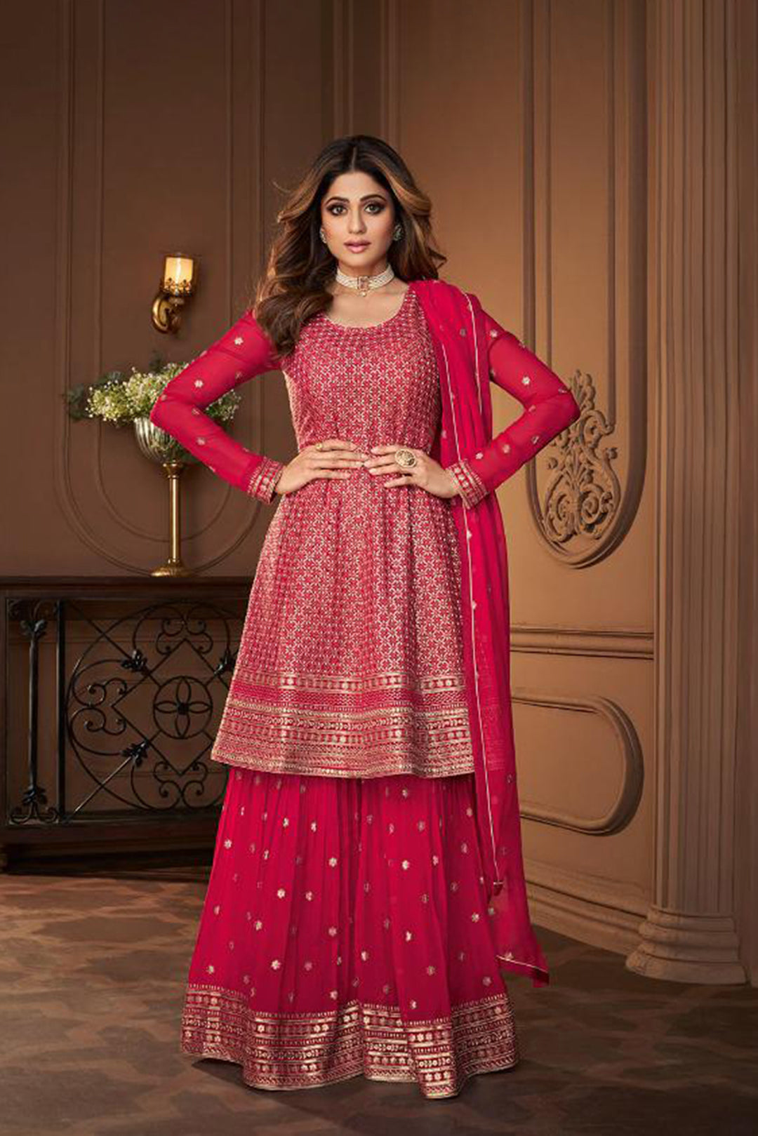 Premium Rose Pink Georgette Sharara Suit with Intricate Sequence & Thread Work