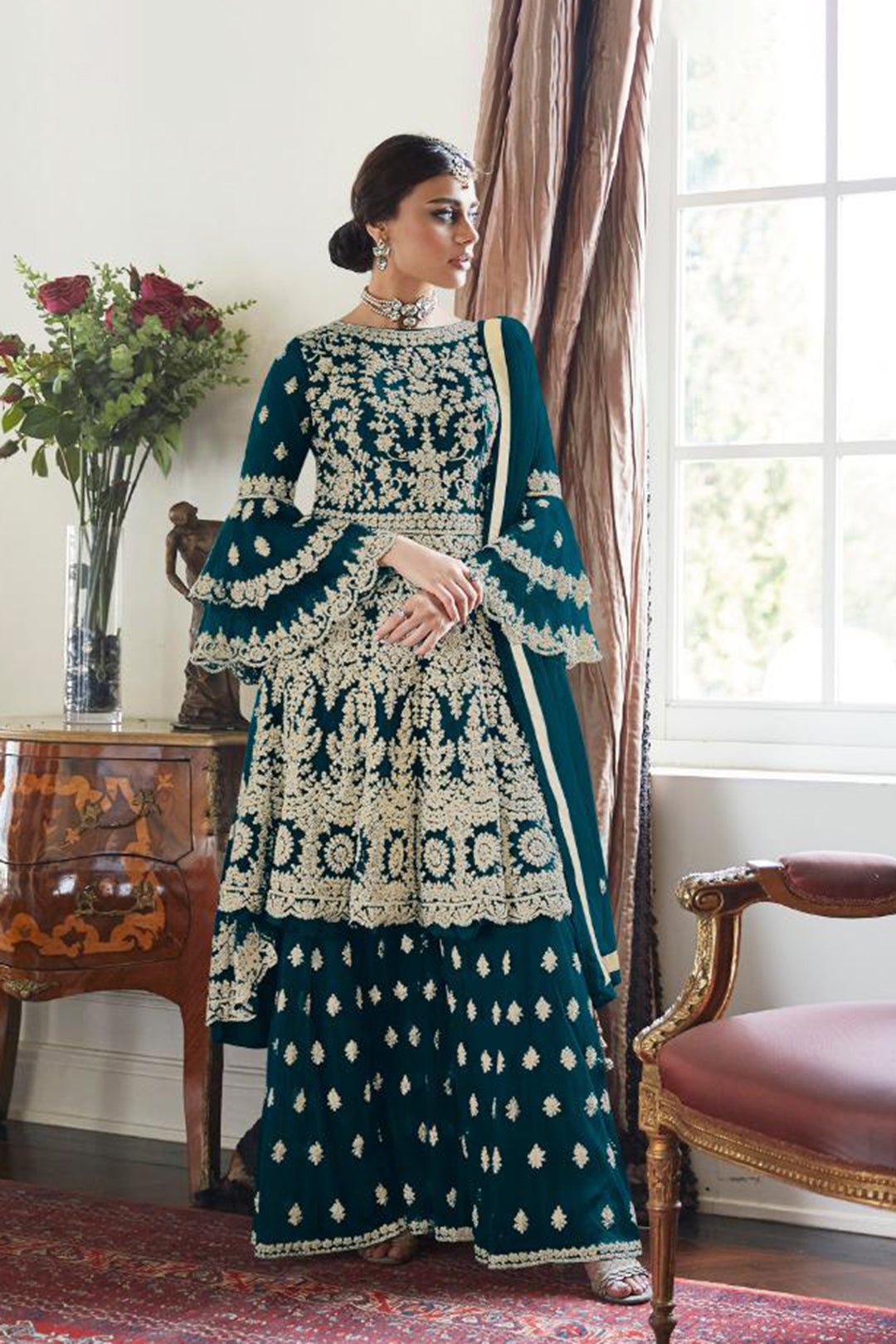 Premium Dark Grey Embroidered Sharara Suit Set | Luxury Party Wear by Kavlee