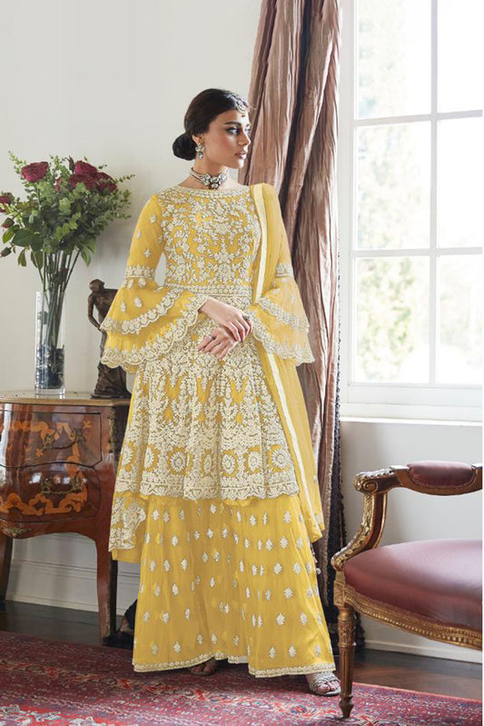 Soft Premium Net Sharara in Yellow  with Embeodiery work