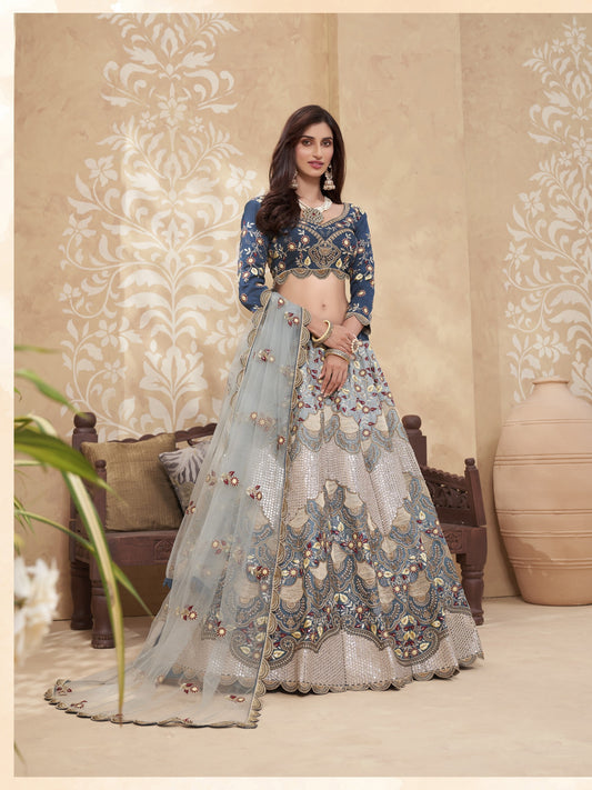 Premium Teal Blue Soft Silk Wedding Lehenga with Heavy Sequence & Thread Work