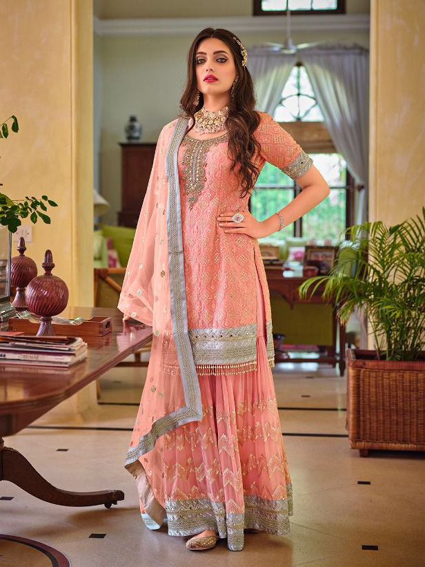 Exquisite Deep Red Heavy Embroidered Peplum Sharara Suit | Luxury Wedding Wear | Kavlee