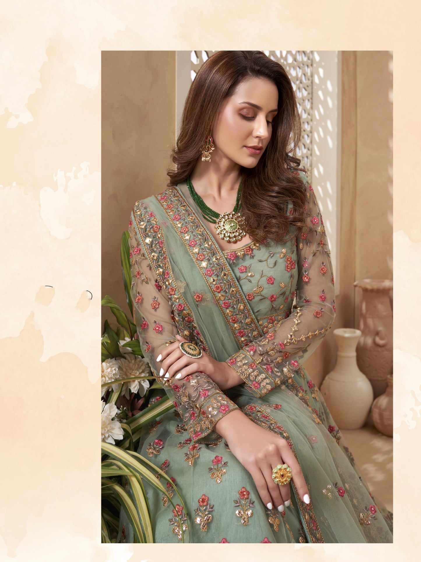 Kavlee Emerald Green Velvet Lehenga with Gold Mirror & Thread Work