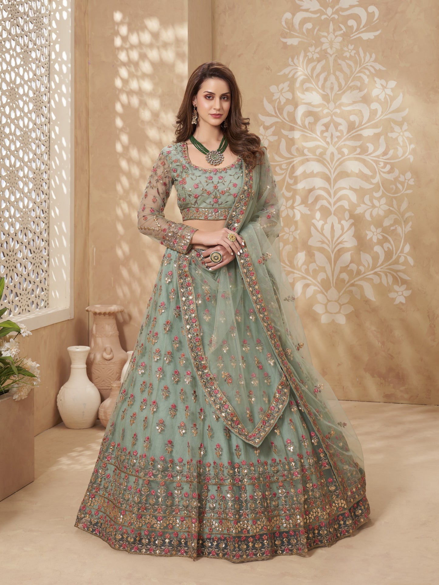 Kavlee Emerald Green Velvet Lehenga with Gold Mirror & Thread Work