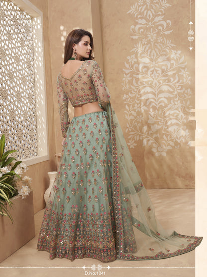 Kavlee Emerald Green Velvet Lehenga with Gold Mirror & Thread Work
