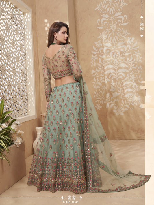 Kavlee Emerald Green Velvet Lehenga with Gold Mirror & Thread Work