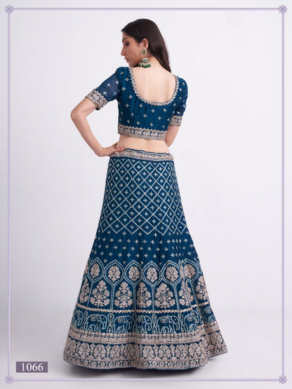 Premium Teal Blue Silky Georgette Party Wear Lehenga with Heavy Embroidery & Stone Work