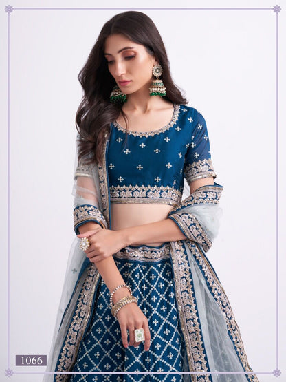 Premium Teal Blue Silky Georgette Party Wear Lehenga with Heavy Embroidery & Stone Work