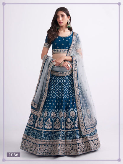 Premium Teal Blue Silky Georgette Party Wear Lehenga with Heavy Embroidery & Stone Work