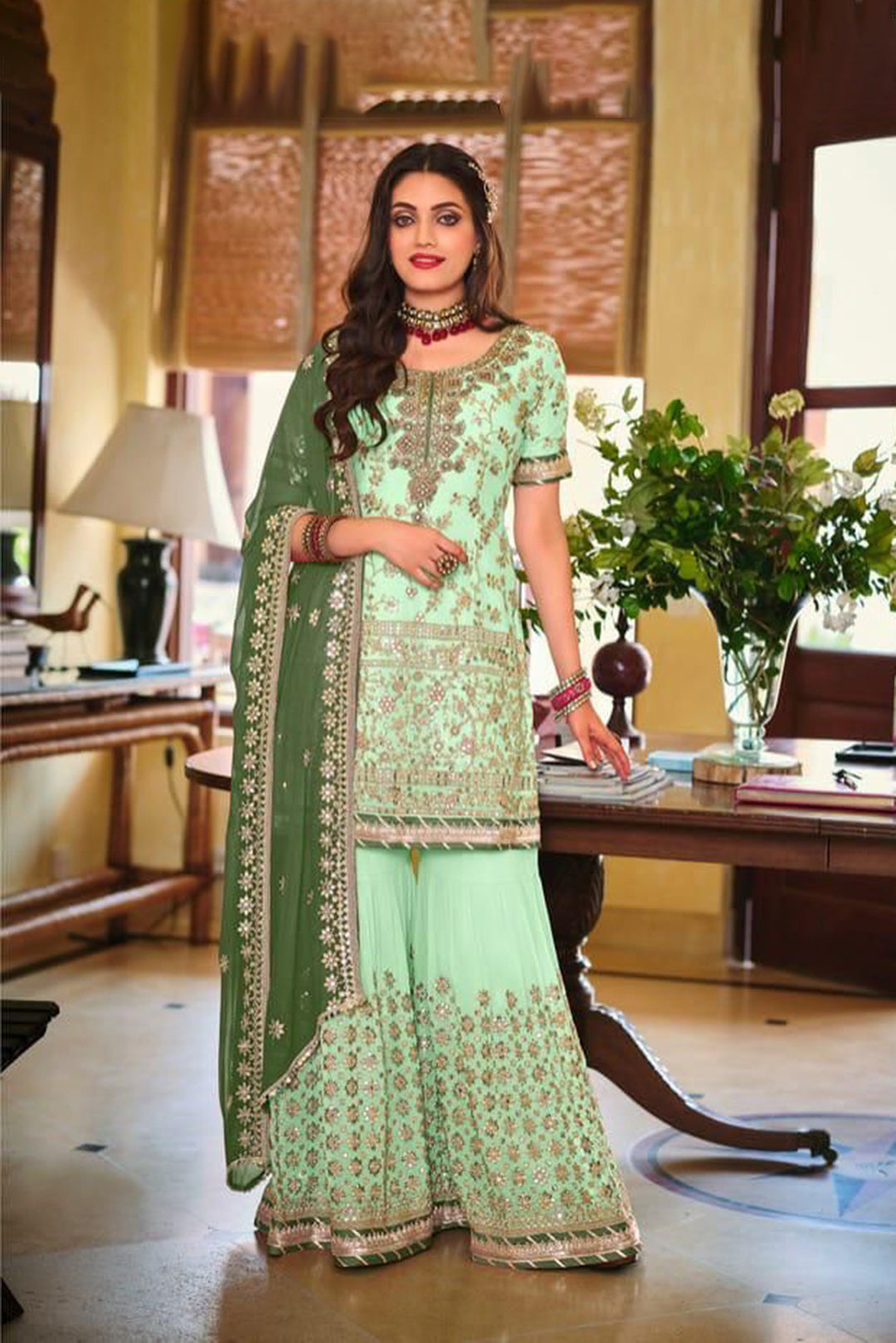 Exquisite Navy Blue Heavy Embroidered Peplum Sharara Suit | Luxury Festive Wear | Kavlee